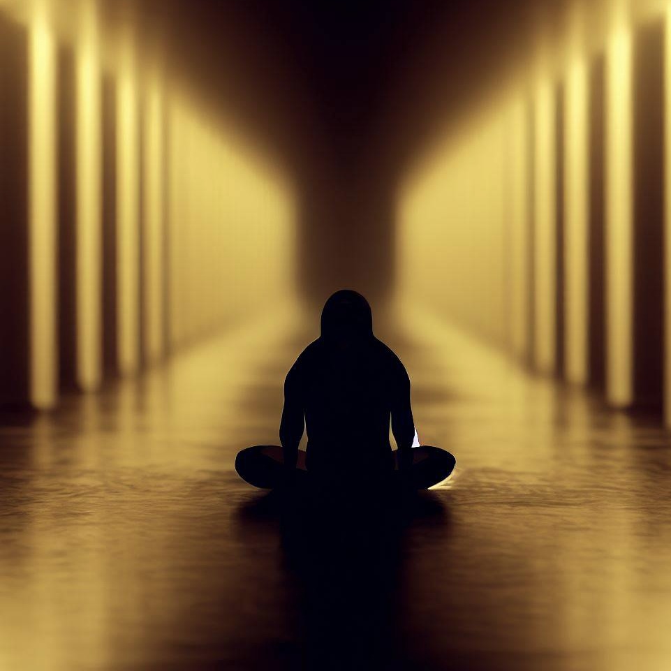 Dark figure sitting on the floor of the Backrooms.