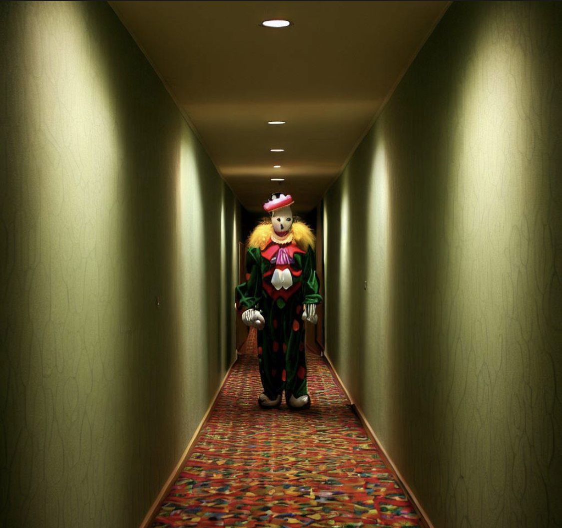 Hallway with ugly wallpaper and a clown standing in the middle.