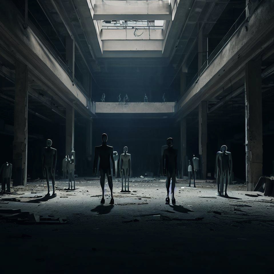 big dark Abandoned mall with mannequins standing around 