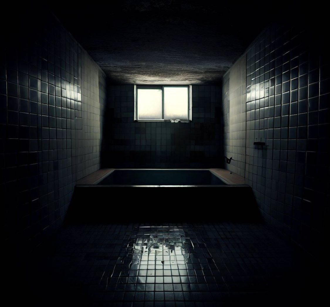 Dark room with a pool in the middle and bathroom tile.